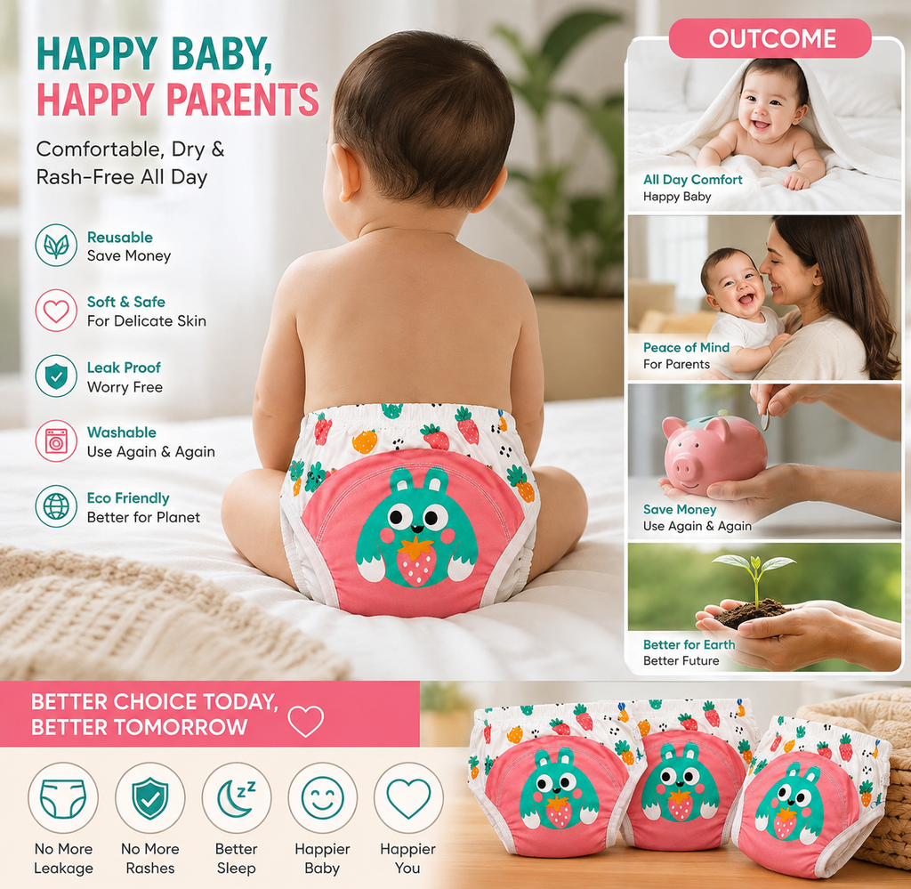 Lifetime Reusable Washable Baby Diapers Pants 3 Layers Soft Cotton