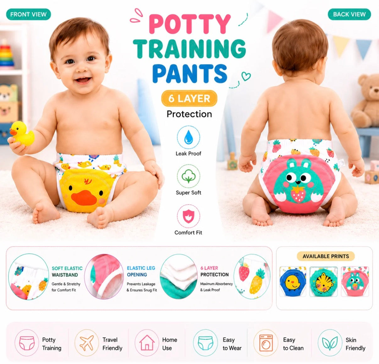 Lifetime Reusable Washable Baby Diapers Pants 3 Layers Soft Cotton