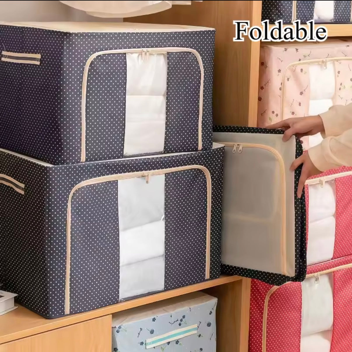 SET OF 3 Steel Frame Foldable Storage Bags Large Capacity Zipper & Clear Window