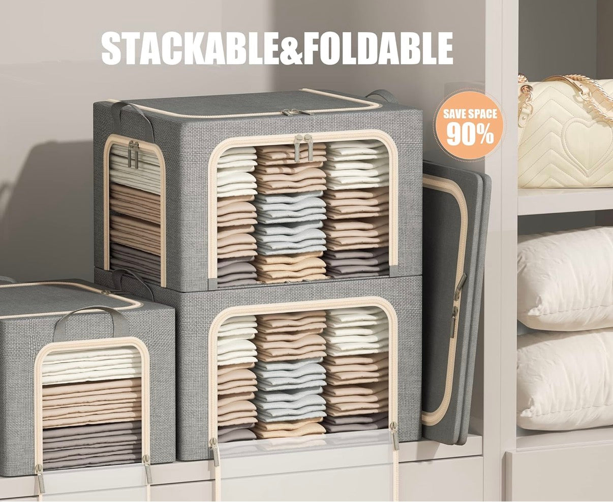 SET OF 3 Steel Frame Foldable Storage Bags Large Capacity Zipper & Clear Window