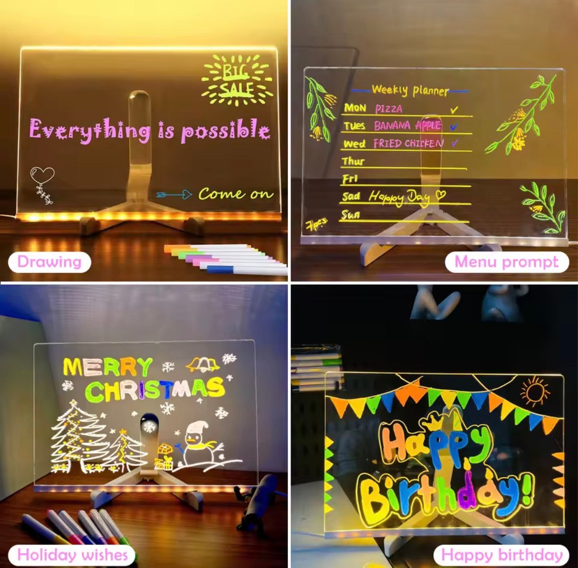 DIY LED Light-Up Writing Board With 7 Marker Acrylic Pad with Stand | Colorful DIY Notes & Erasable Neon Pens