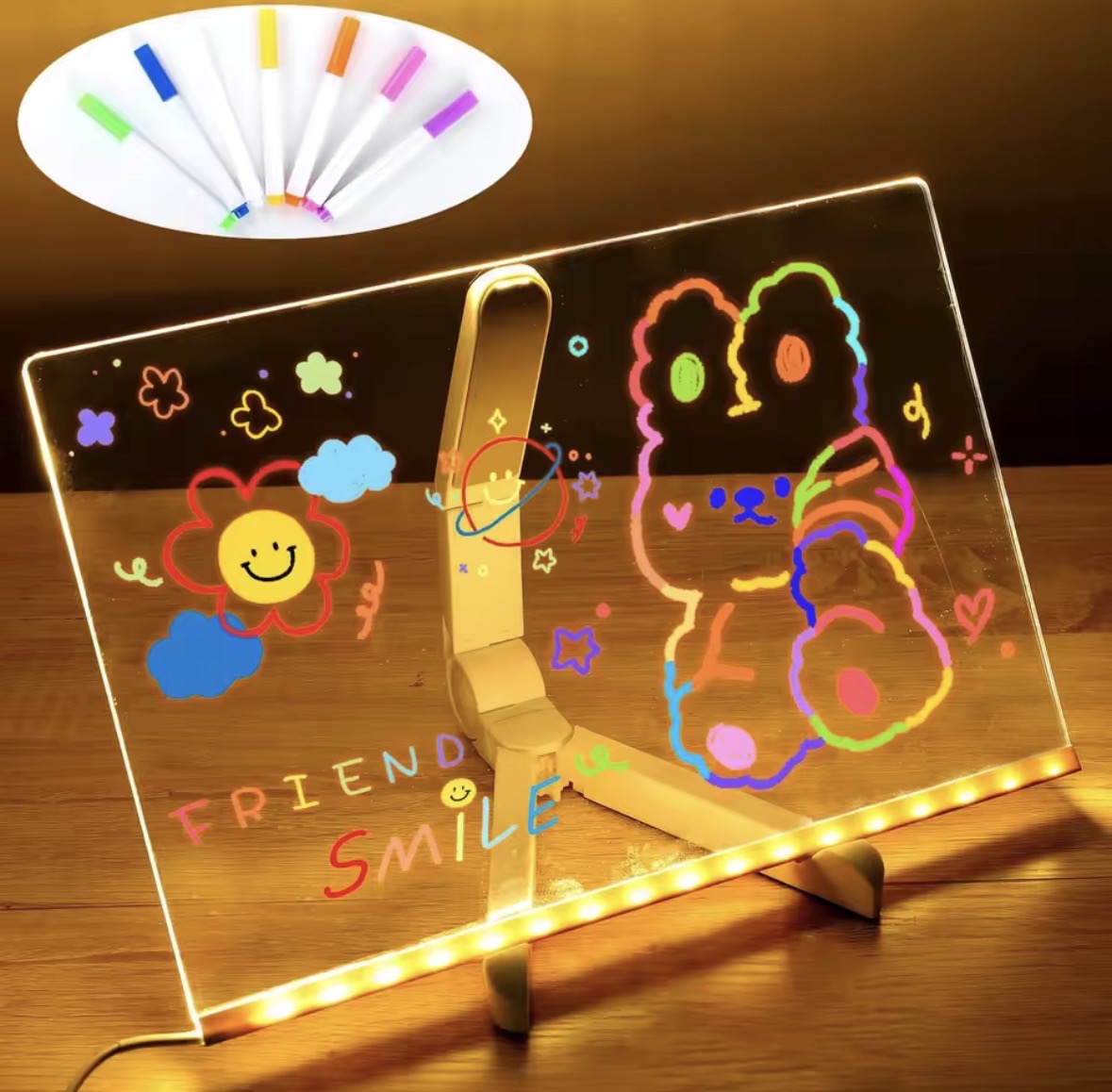 DIY LED Light-Up Writing Board With 7 Marker Acrylic Pad with Stand | Colorful DIY Notes & Erasable Neon Pens