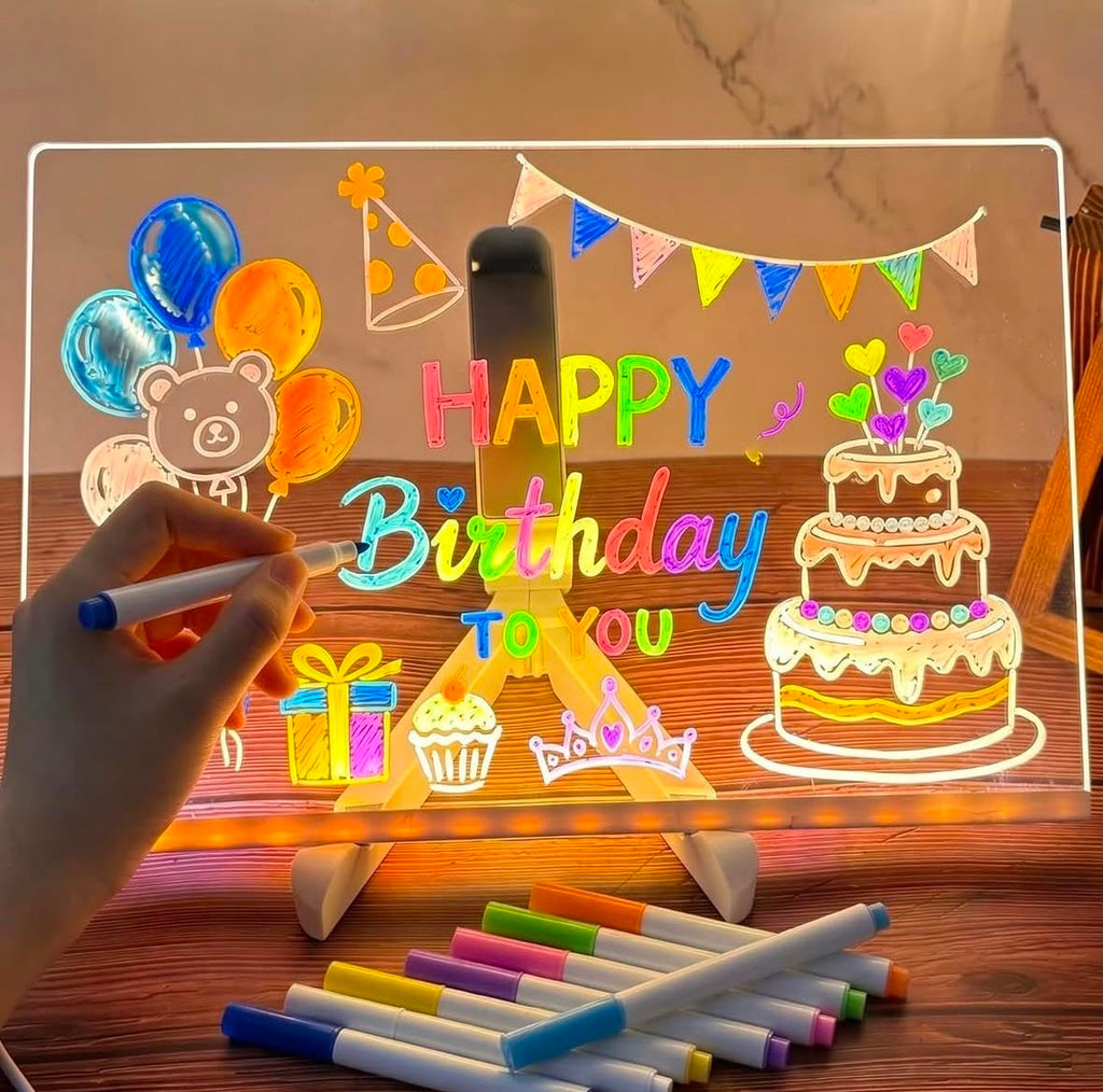 DIY LED Light-Up Writing Board With 7 Marker Acrylic Pad with Stand | Colorful DIY Notes & Erasable Neon Pens