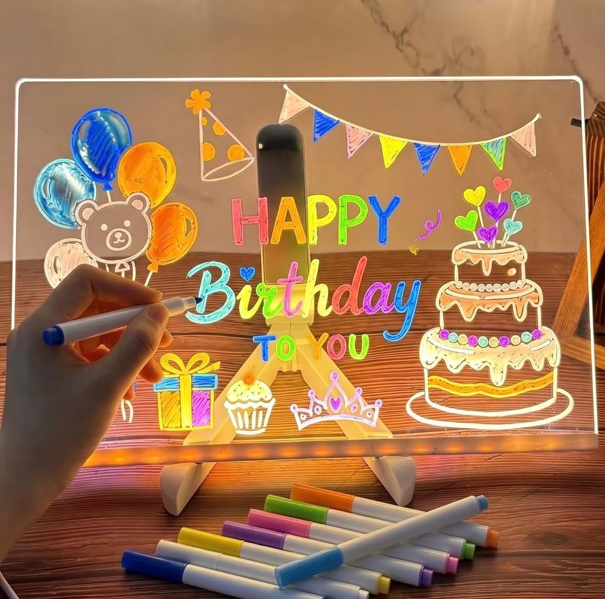 DIY LED Light-Up Writing Board With 7 Marker Acrylic Pad with Stand | Colorful DIY Notes & Erasable Neon Pens