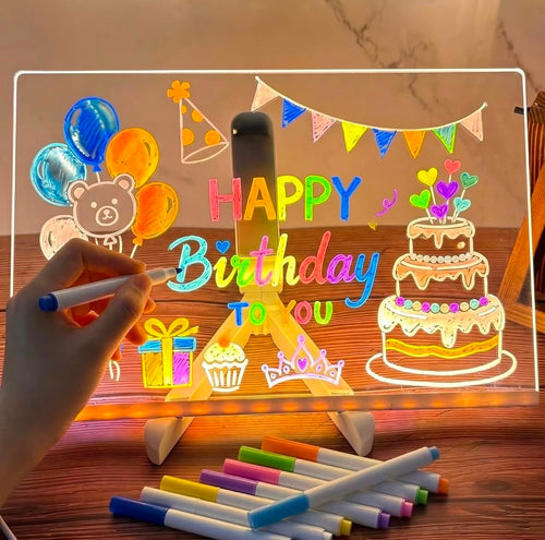 DIY LED Light-Up Writing Board With 7 Marker Acrylic Pad with Stand | Colorful DIY Notes & Erasable Neon Pens